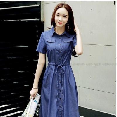 ĐẦM JEAN DENIM XÒE CỔ SƠ MI THẮT NƠ EO - N23
